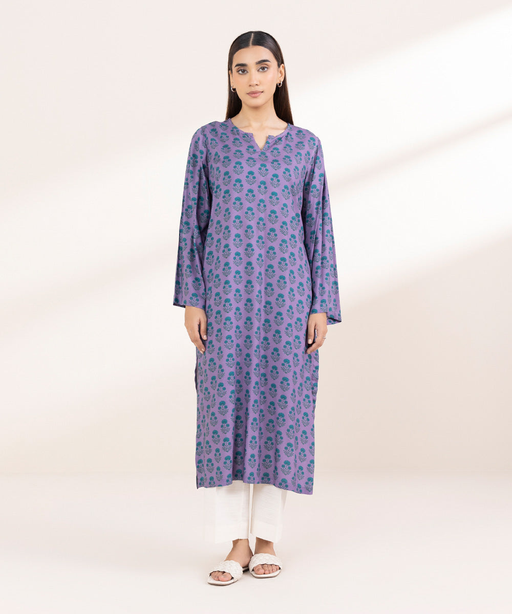 Women's Pret Linen Printed Lavender Straight Shirt