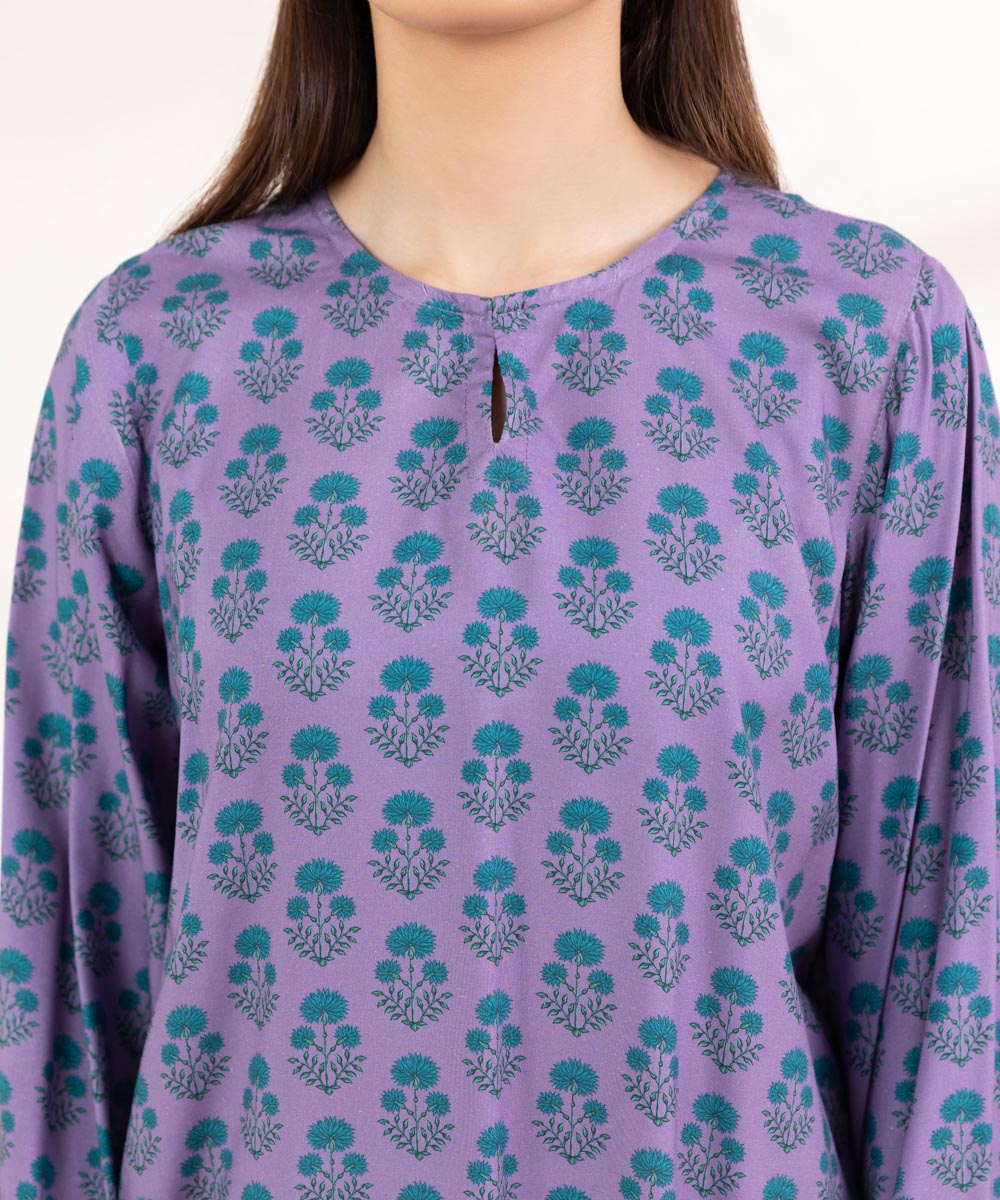 Women's Pret Linen Printed Lavender Straight Shirt