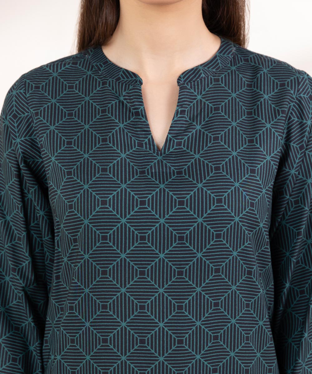 Women's Pret Linen Printed Teal And Black Straight Shirt