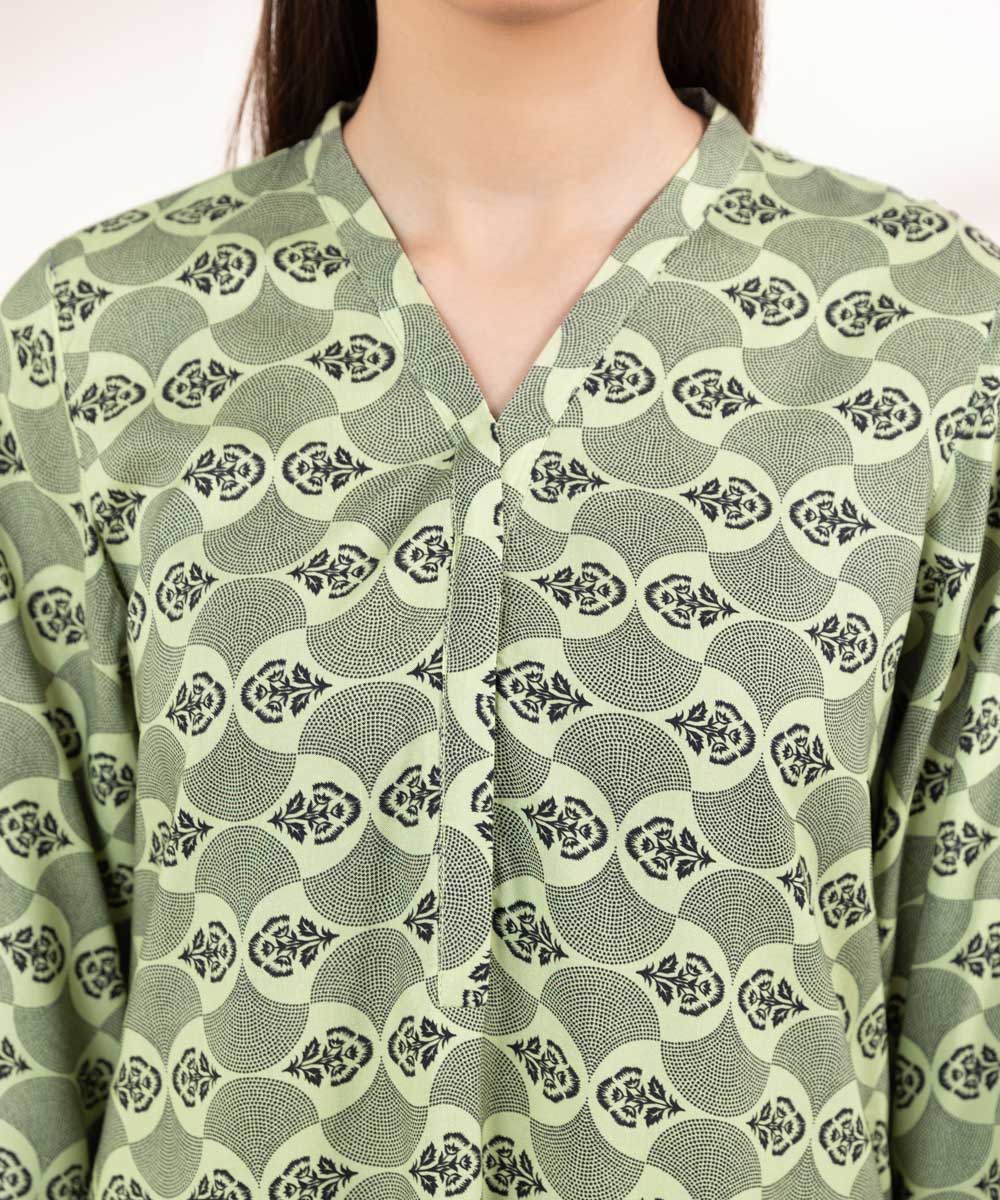 Women's Pret Linen Printed Apple Green A-Line Shirt