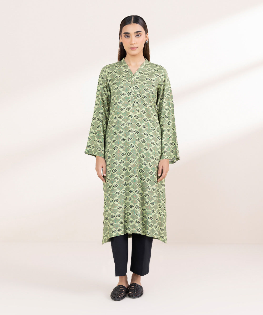 Women's Pret Linen Printed Apple Green A-Line Shirt