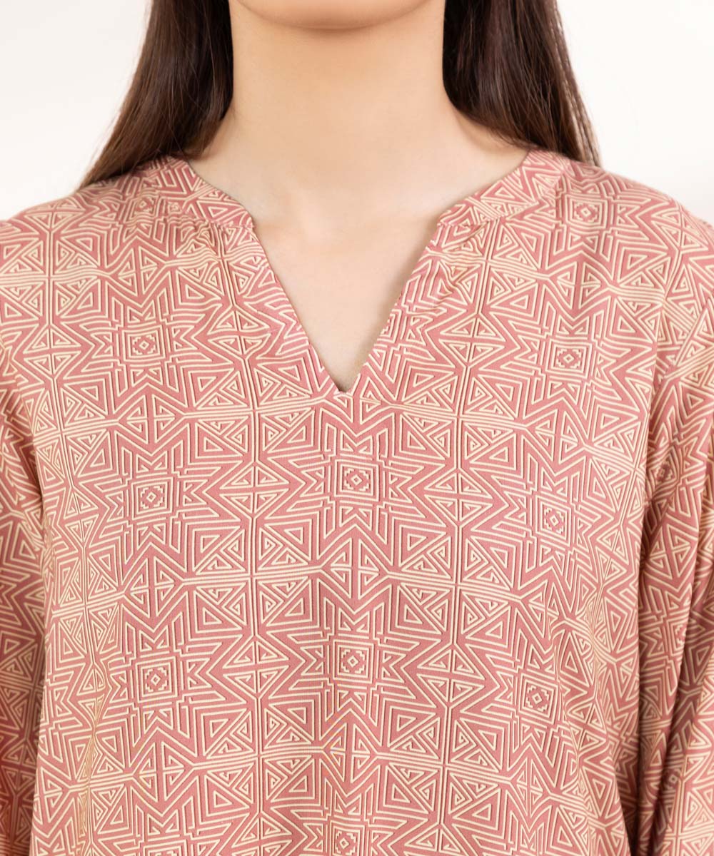 Women's Pret Linen Printed Tea Pink Straight Shirt