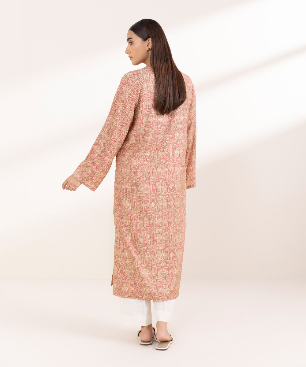 Women's Pret Linen Printed Tea Pink Straight Shirt