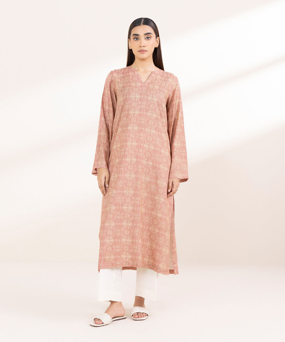 Women's Pret Linen Printed Tea Pink Straight Shirt