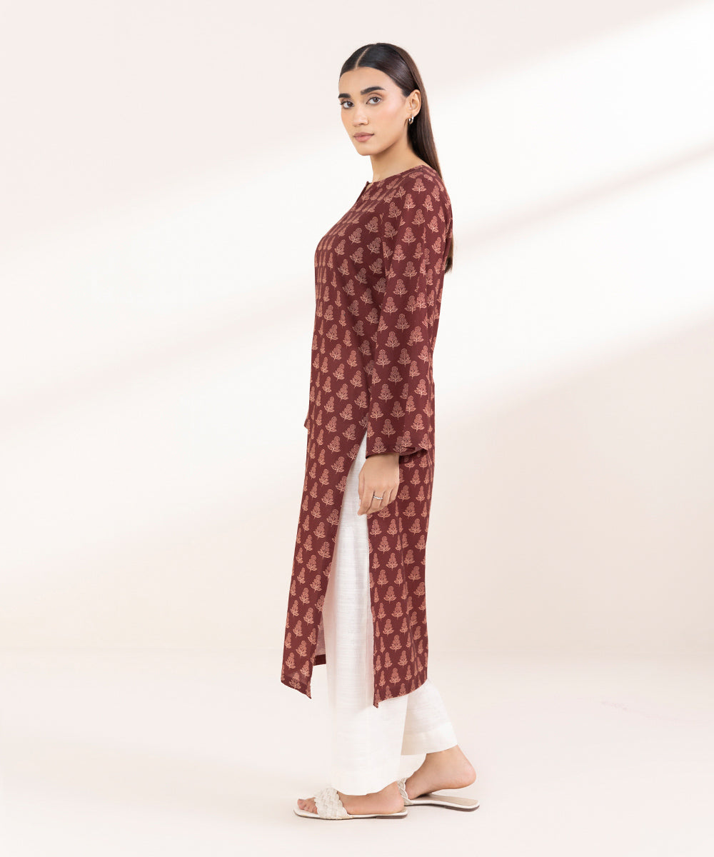 Women's Pret Khaddar Printed Maroon A-Line Shirt