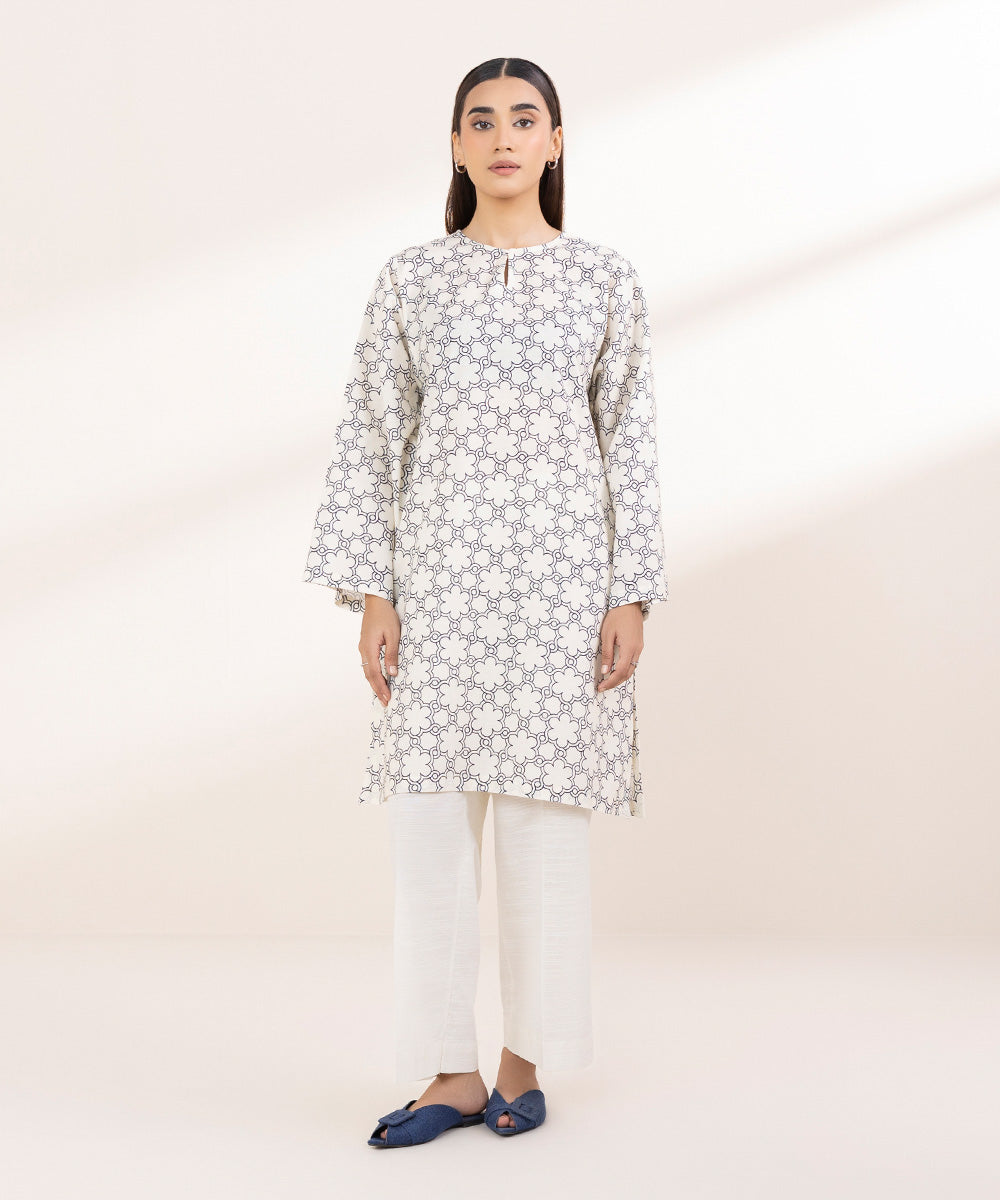 Women's Pret Khaddar Printed Off White Boxy Shirt