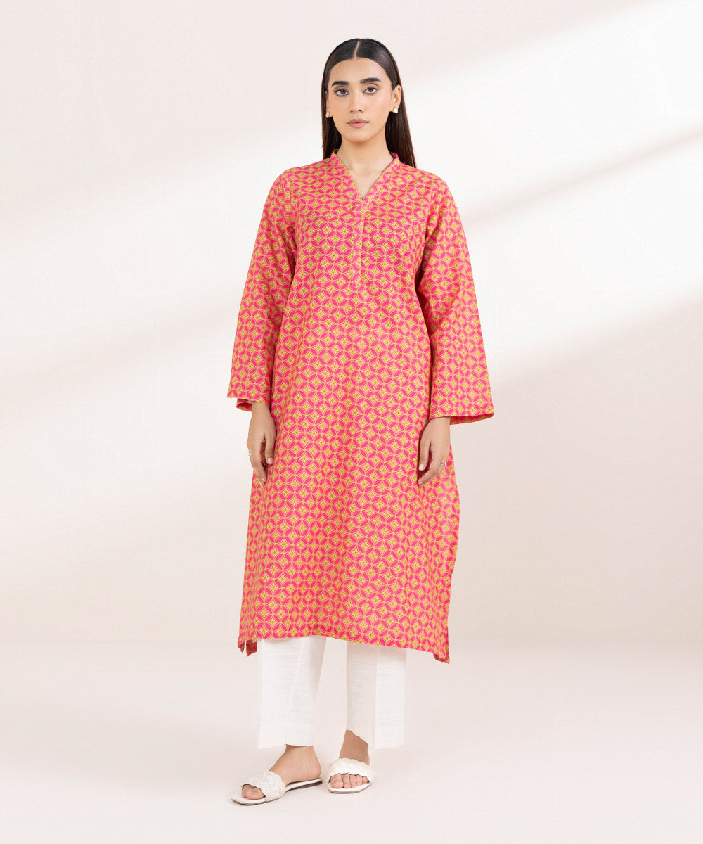 Women's Pret Khaddar Printed Pink Straight Shirt