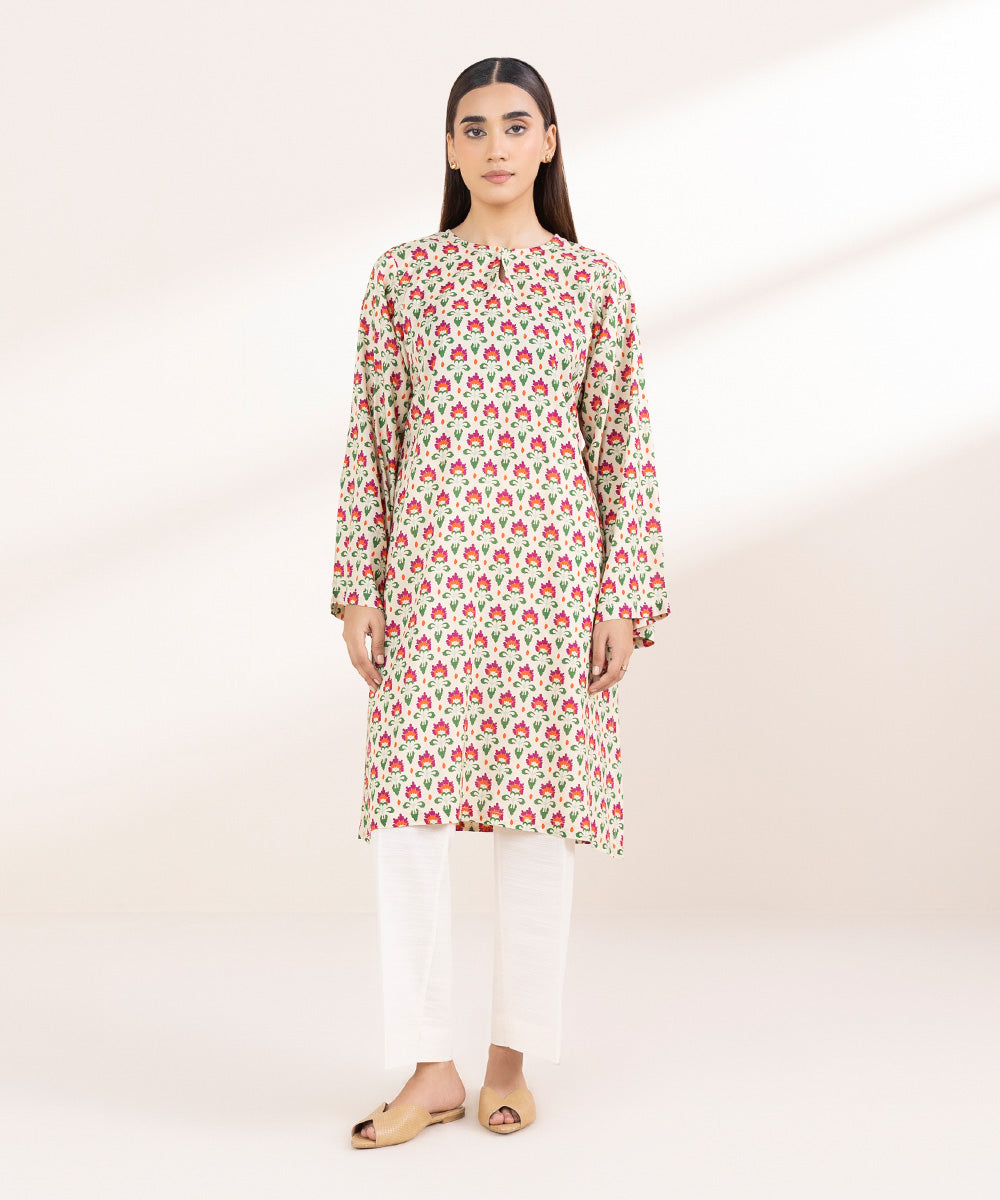 Women's Pret Linen Printed Beige Boxy Shirt