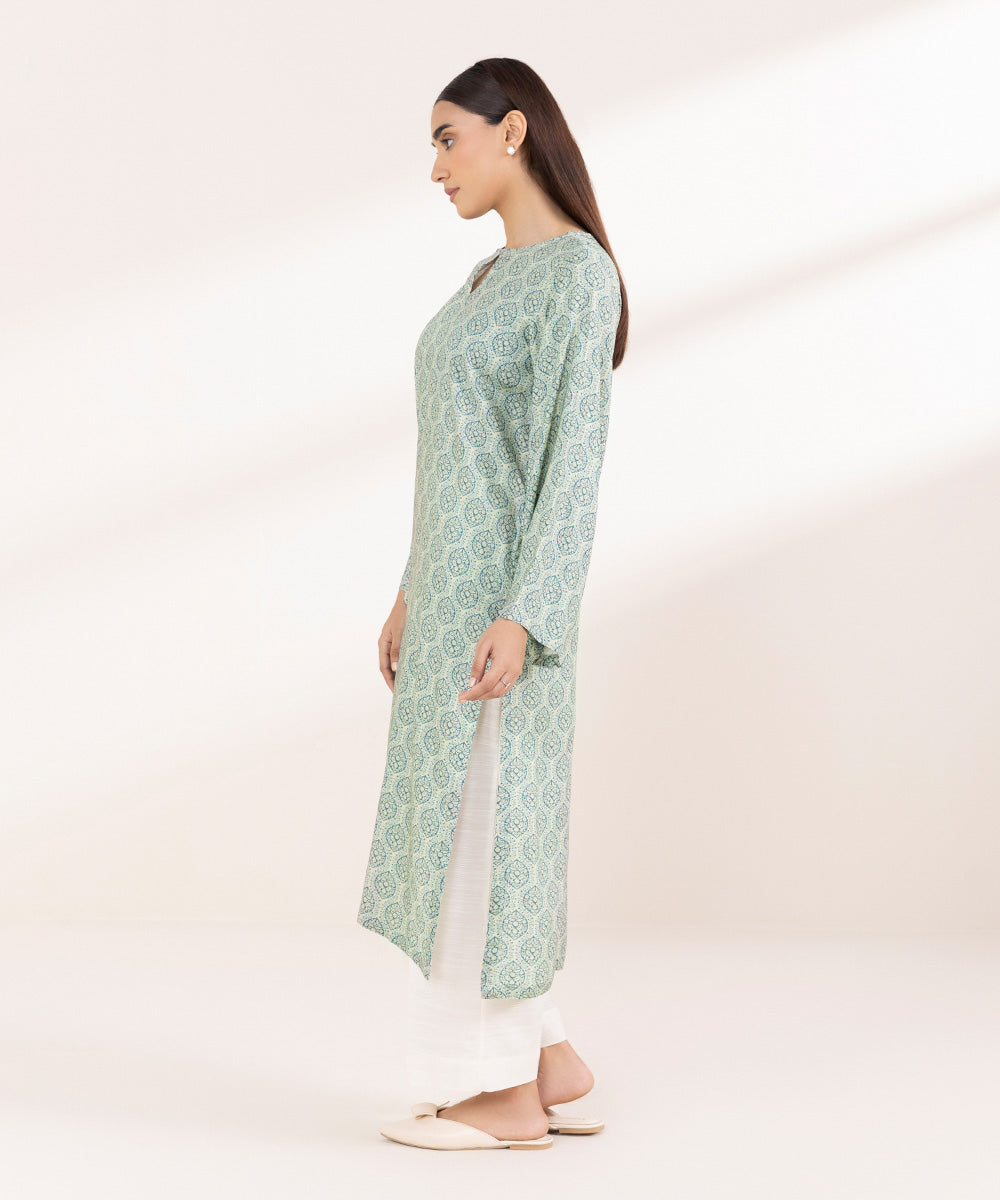 Women's Pret Linen Printed Sage Green Straight Shirt