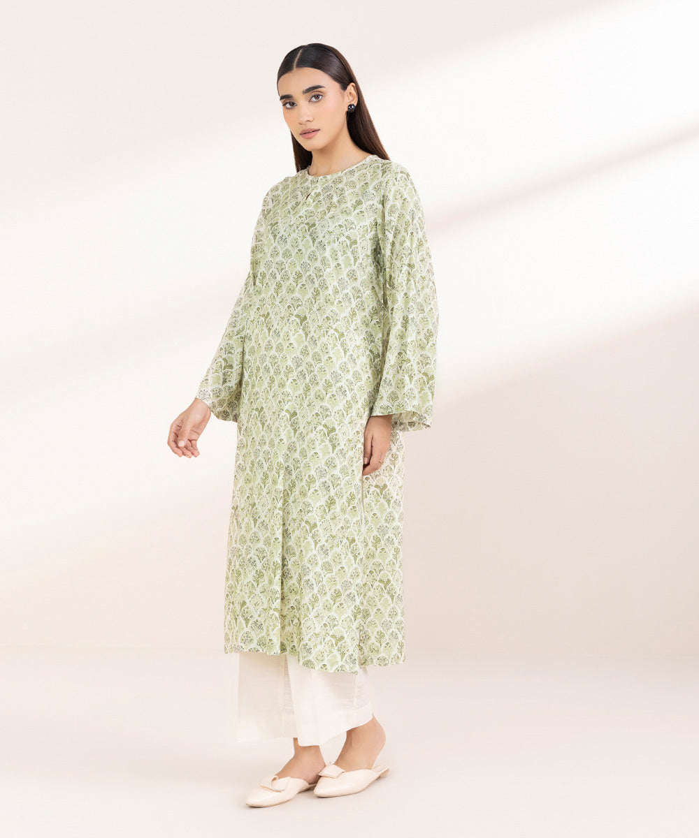 Women's Pret Linen Printed Mint Green A-Line Shirt