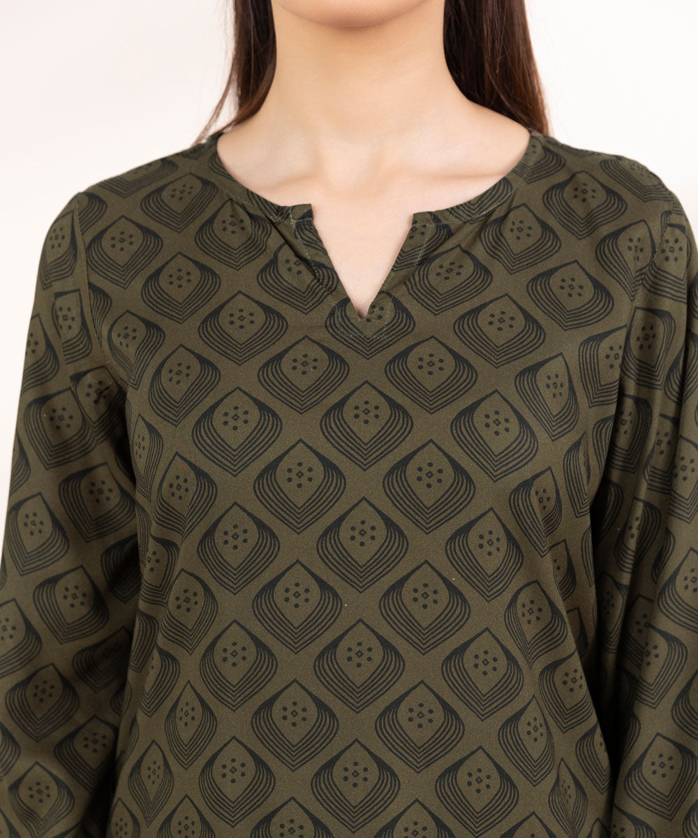 Women's Pret Linen Printed Olive Green Straight Shirt