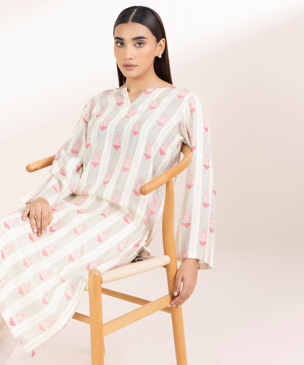 Women's Pret Linen Printed Off White A-Line Shirt