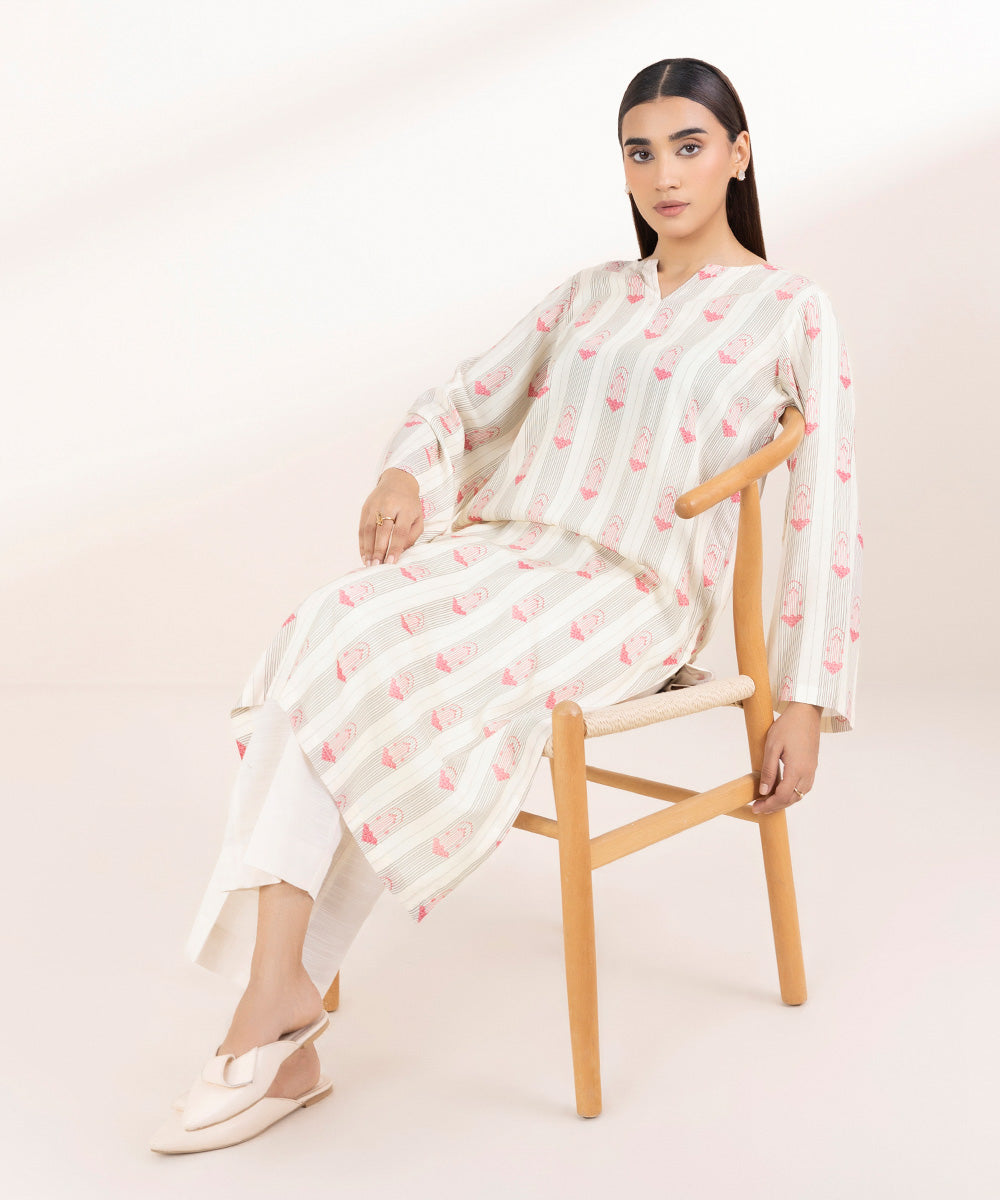 Women's Pret Linen Printed Off White A-Line Shirt