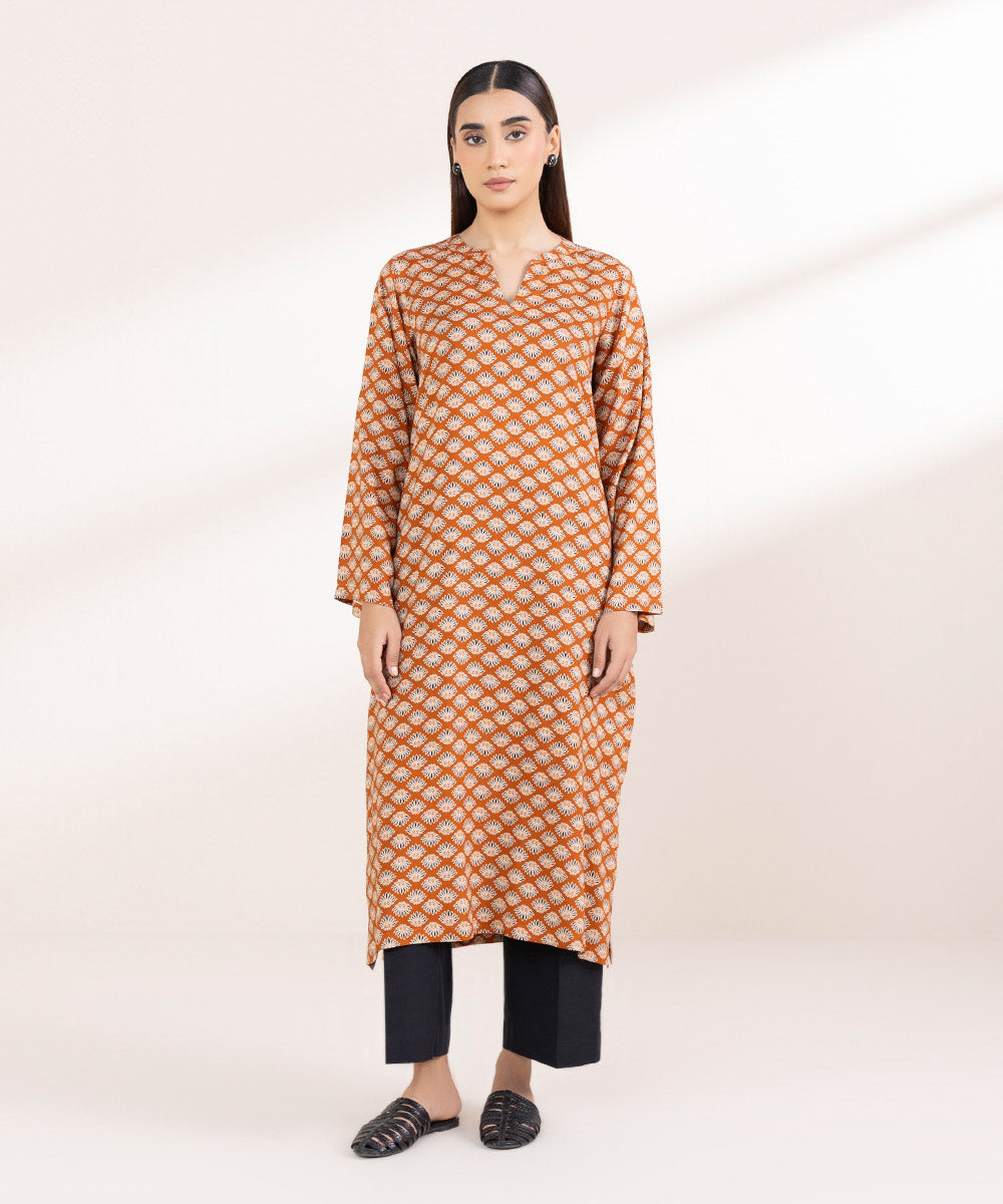 Women's Pret Linen Printed Rust Orange Straight Shirt