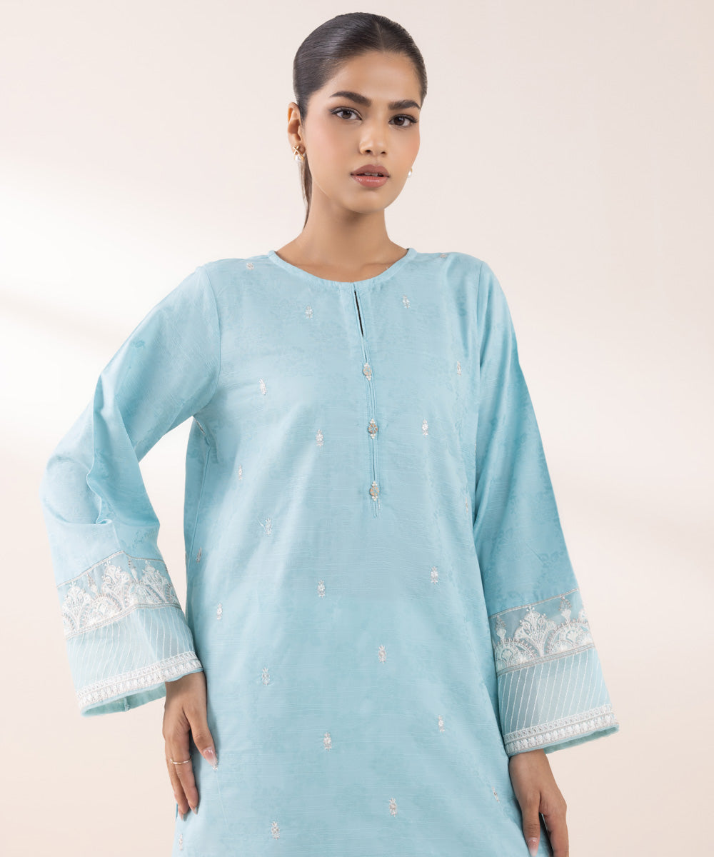 Women's Pret Cotton Jacquard Embroidered Sky Blue A-Line Shirt