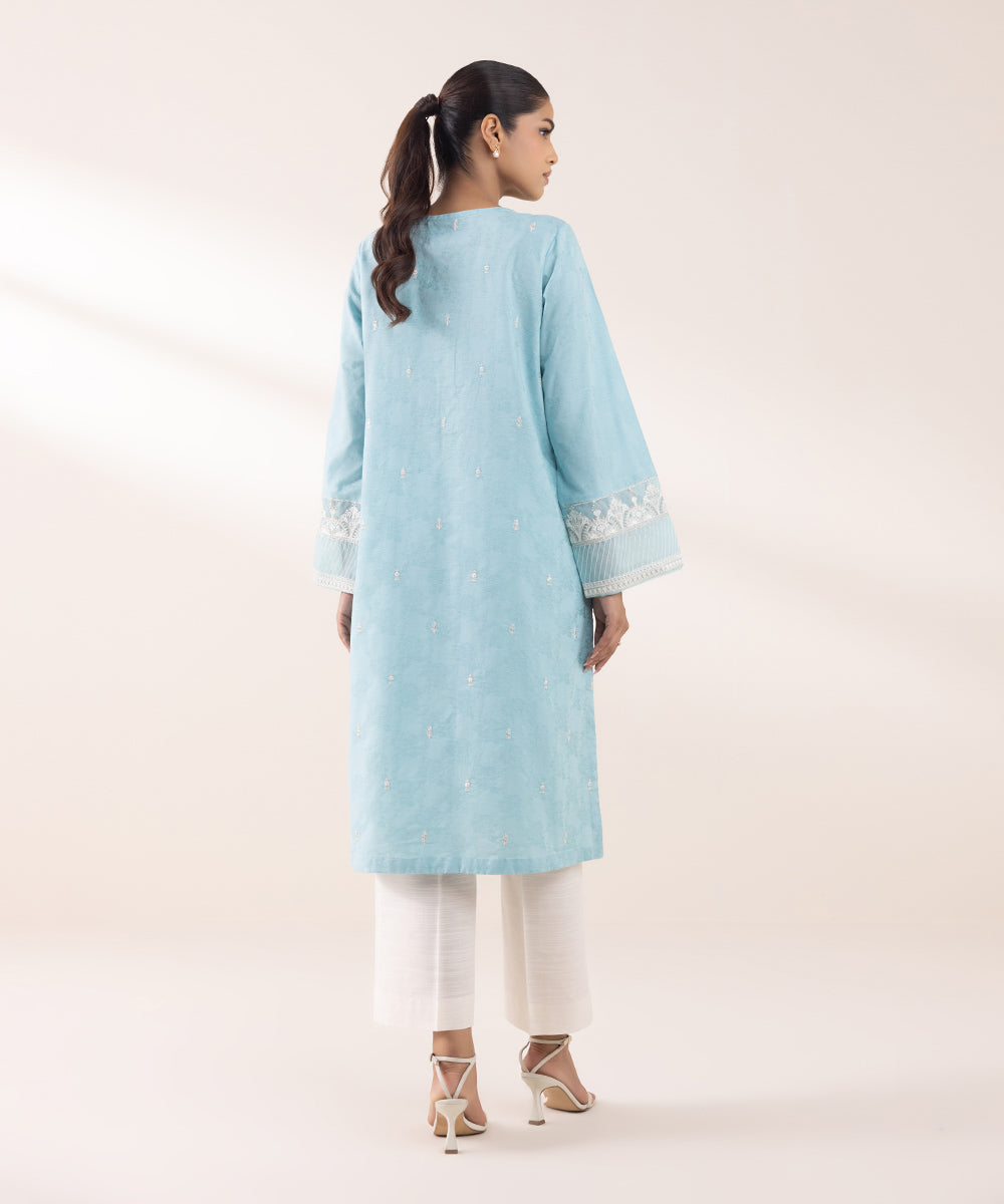 Women's Pret Cotton Jacquard Embroidered Sky Blue A-Line Shirt