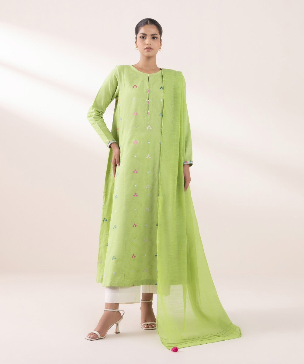 Women's Pret Cotton Jacquard Embroidered Apple Green A-line Shirt