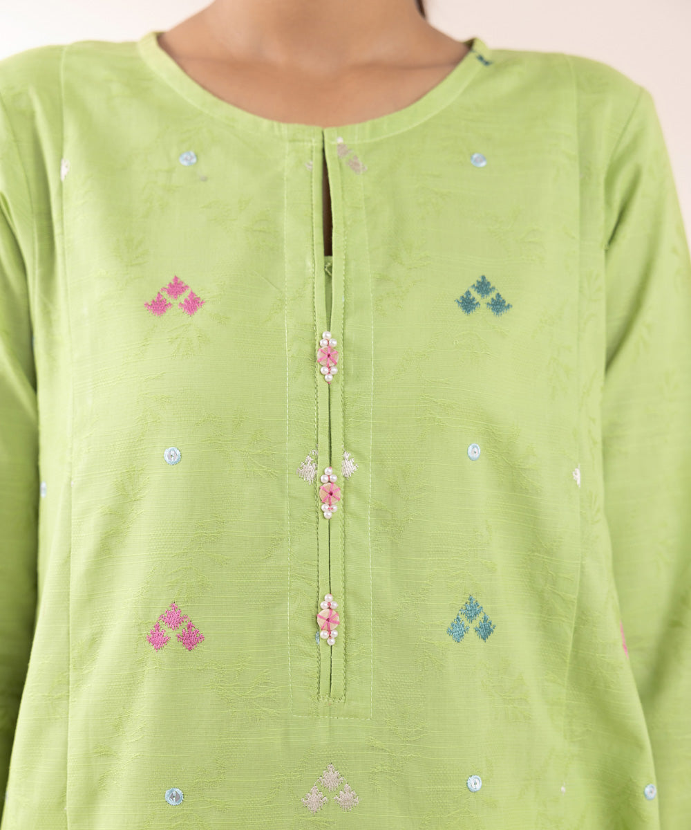 Women's Pret Cotton Jacquard Embroidered Apple Green A-line Shirt