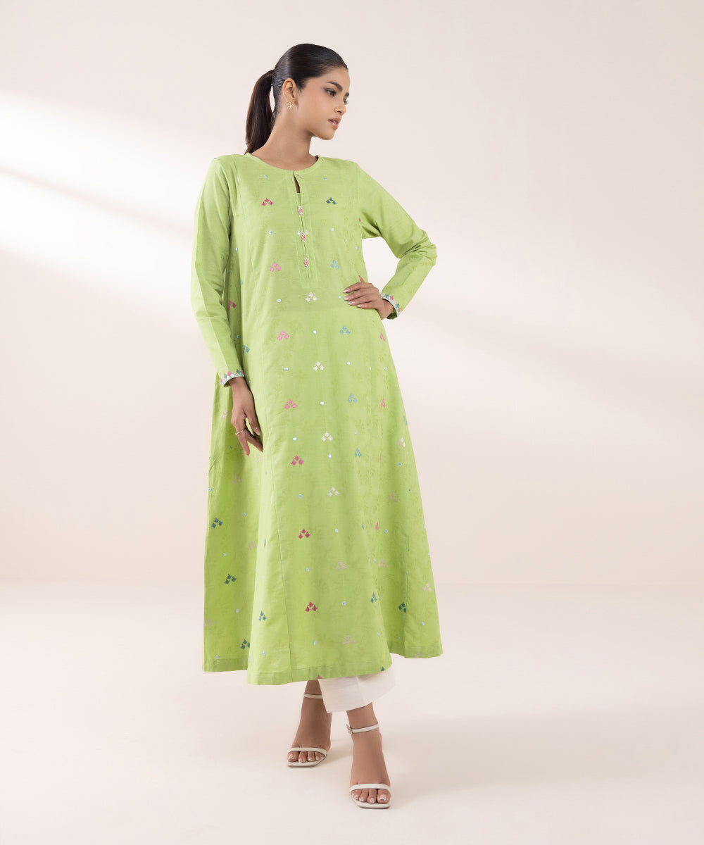 Women's Pret Cotton Jacquard Embroidered Apple Green A-line Shirt