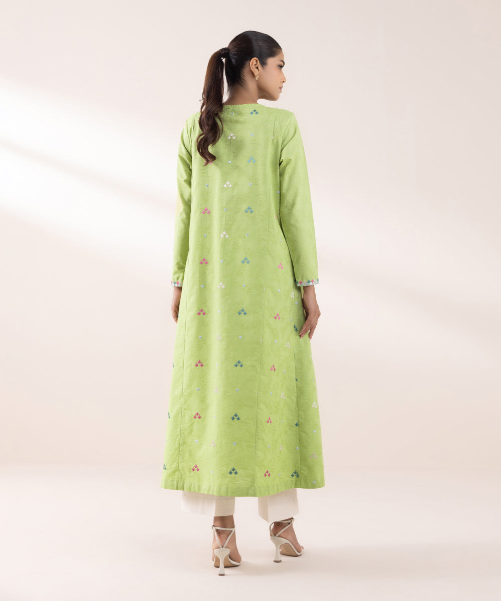 Women's Pret Cotton Jacquard Embroidered Apple Green A-line Shirt