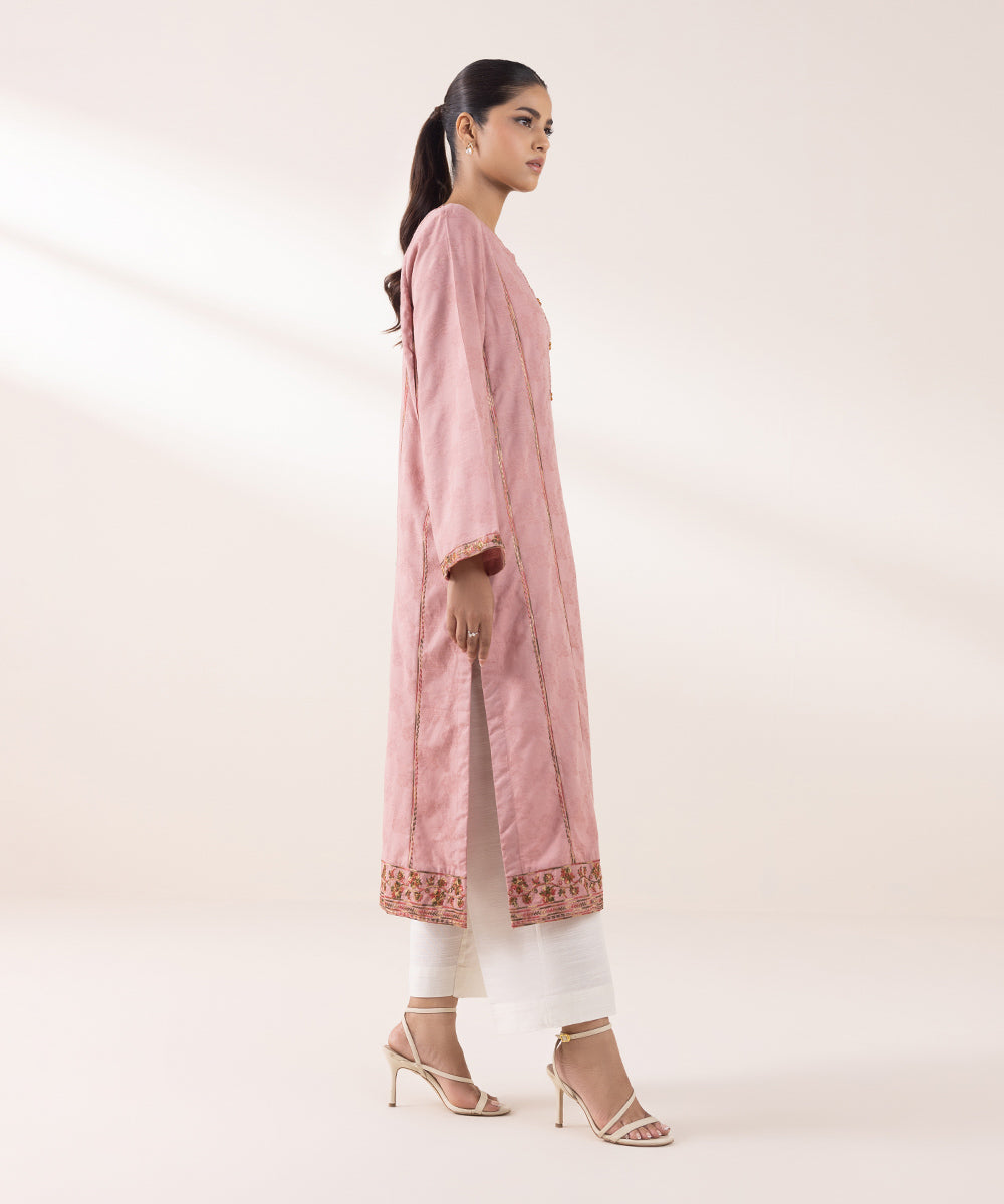 Women's Pret Cotton Jacquard Embroidered Tea Pink A-Line Shirt