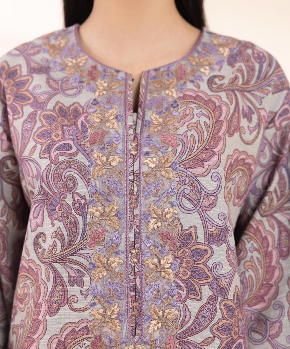 Women's Unstitched Khaddar Embroidered Purple 2 Piece Suit