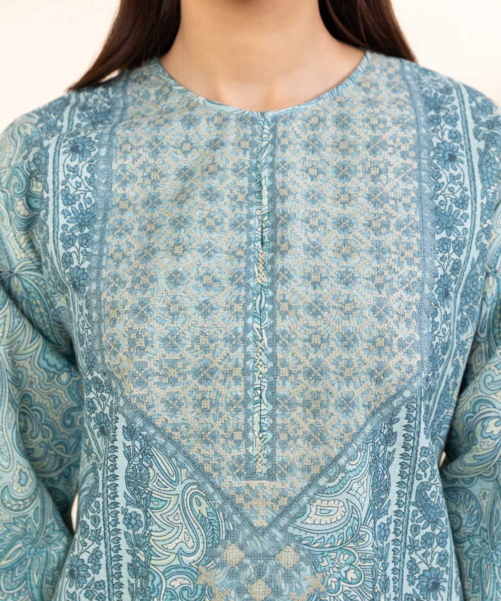 Women's Unstitched Khaddar Embroidered Blue 2 Piece Suit