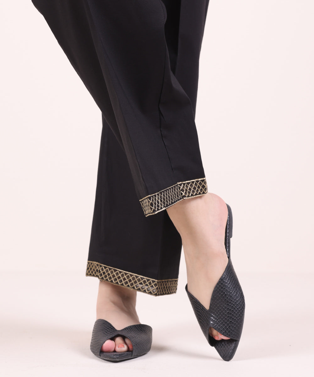 Women's Pret Cambric Black Embroidered Straight Pants