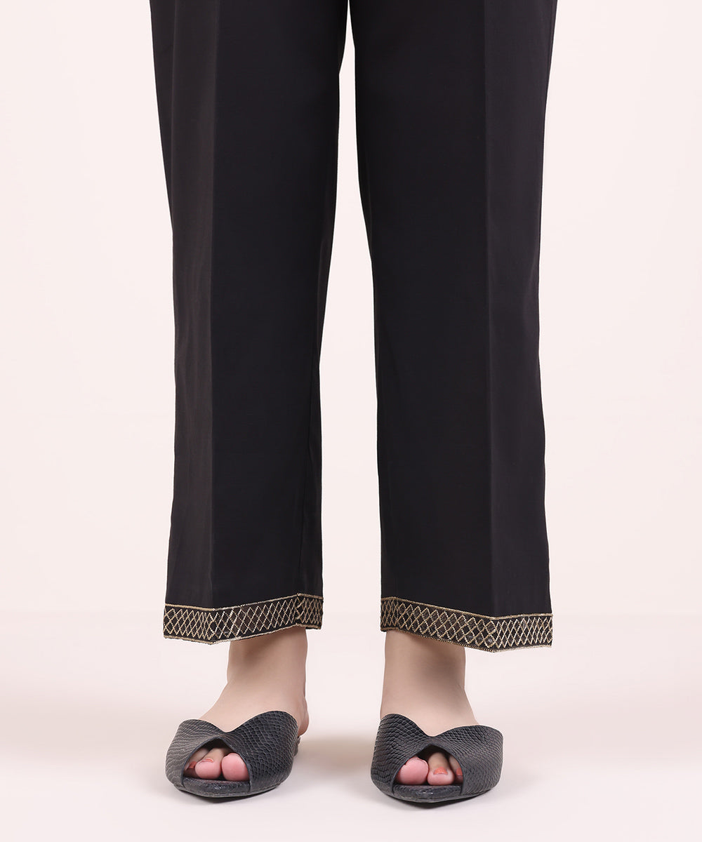 Women's Pret Cambric Black Embroidered Straight Pants