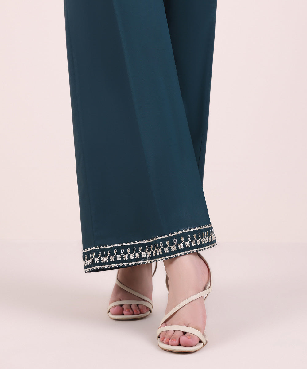 Women's Pret Cambric Blue Embroidered Flared Pants