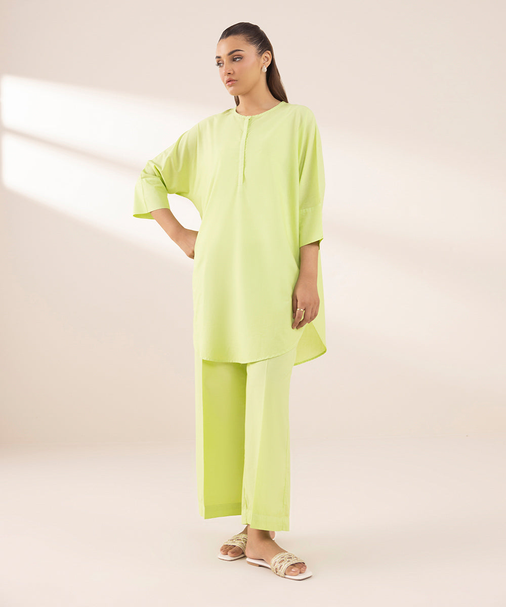 Women's RTW Textured Lawn Green Solid Boxy Shirt