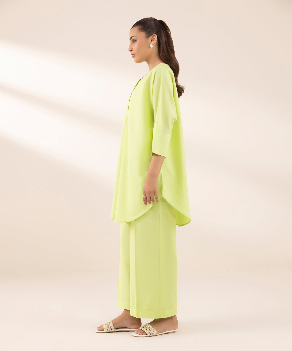 Women's RTW Textured Lawn Green Solid Boxy Shirt