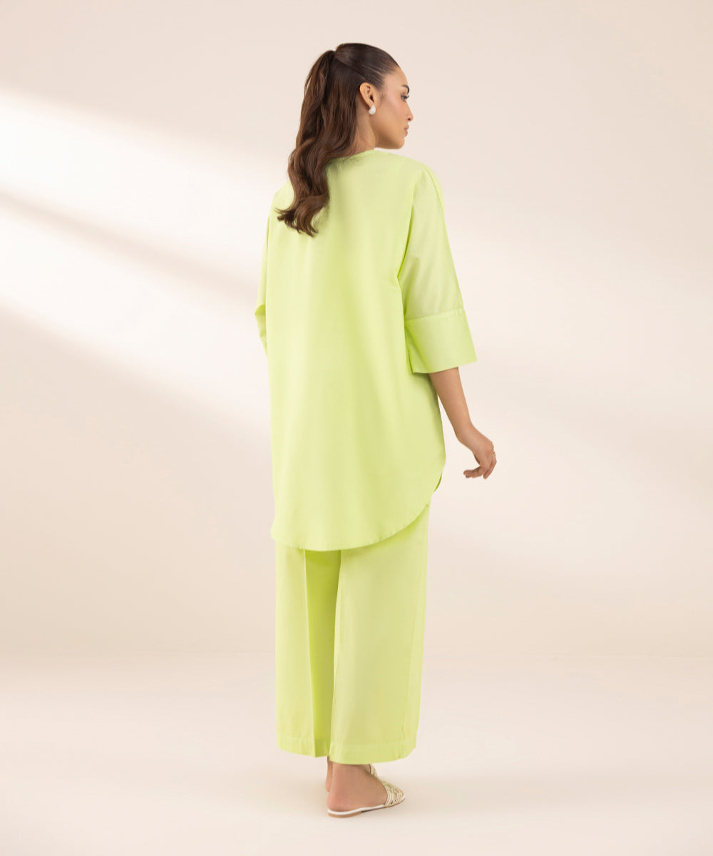 Women's RTW Textured Lawn Green Solid Boxy Shirt