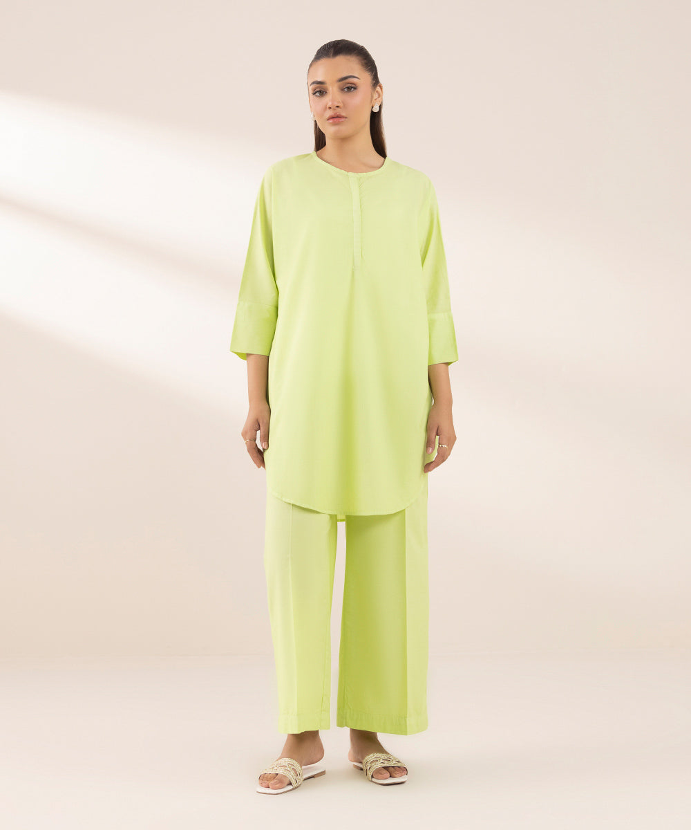 Women's RTW Textured Lawn Green Solid Boxy Shirt