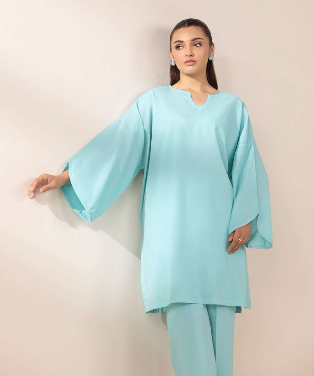 Women's RTW Textured Lawn Blue Solid Boxy Shirt