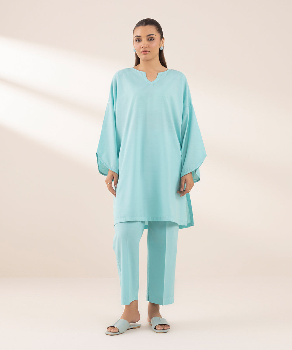 Women's RTW Textured Lawn Blue Solid Boxy Shirt