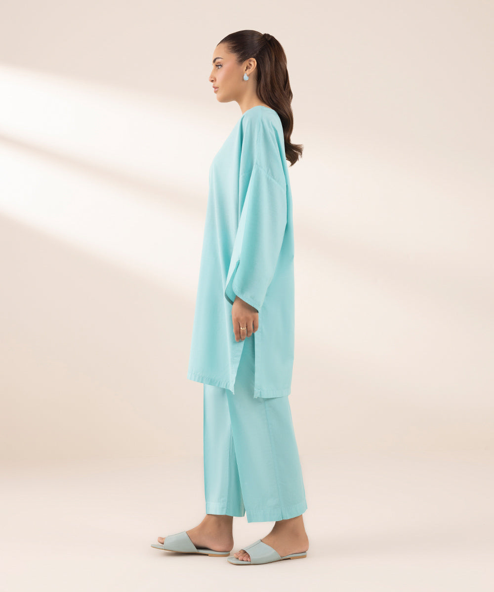 Women's RTW Textured Lawn Blue Solid Boxy Shirt