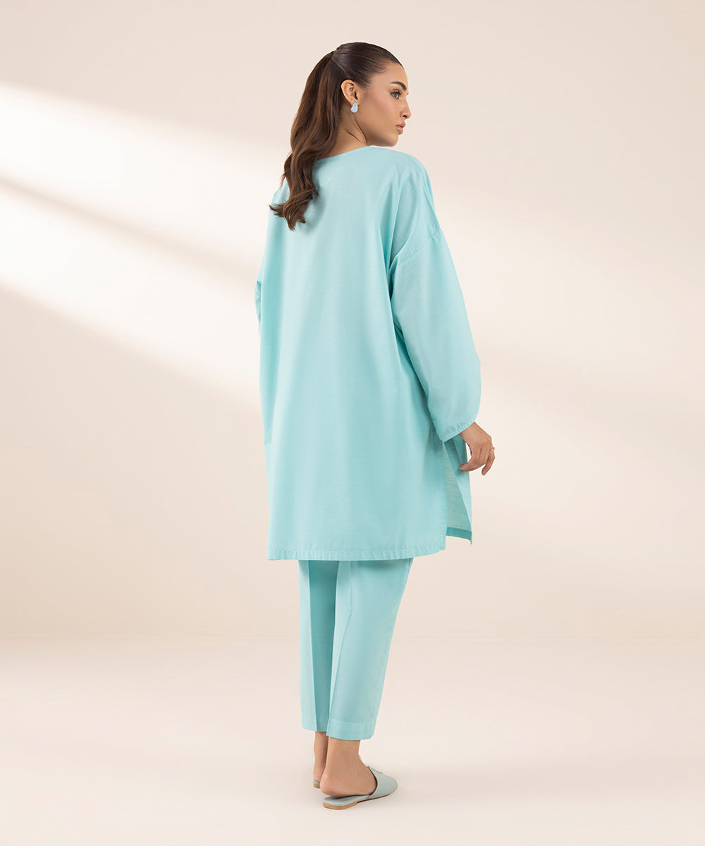 Women's RTW Textured Lawn Blue Solid Boxy Shirt