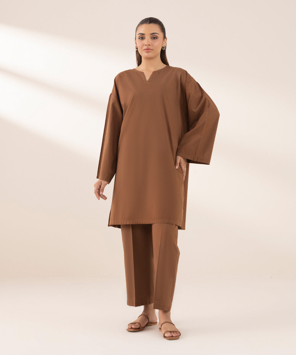 Women's RTW Textured Lawn Brown Solid Boxy Shirt