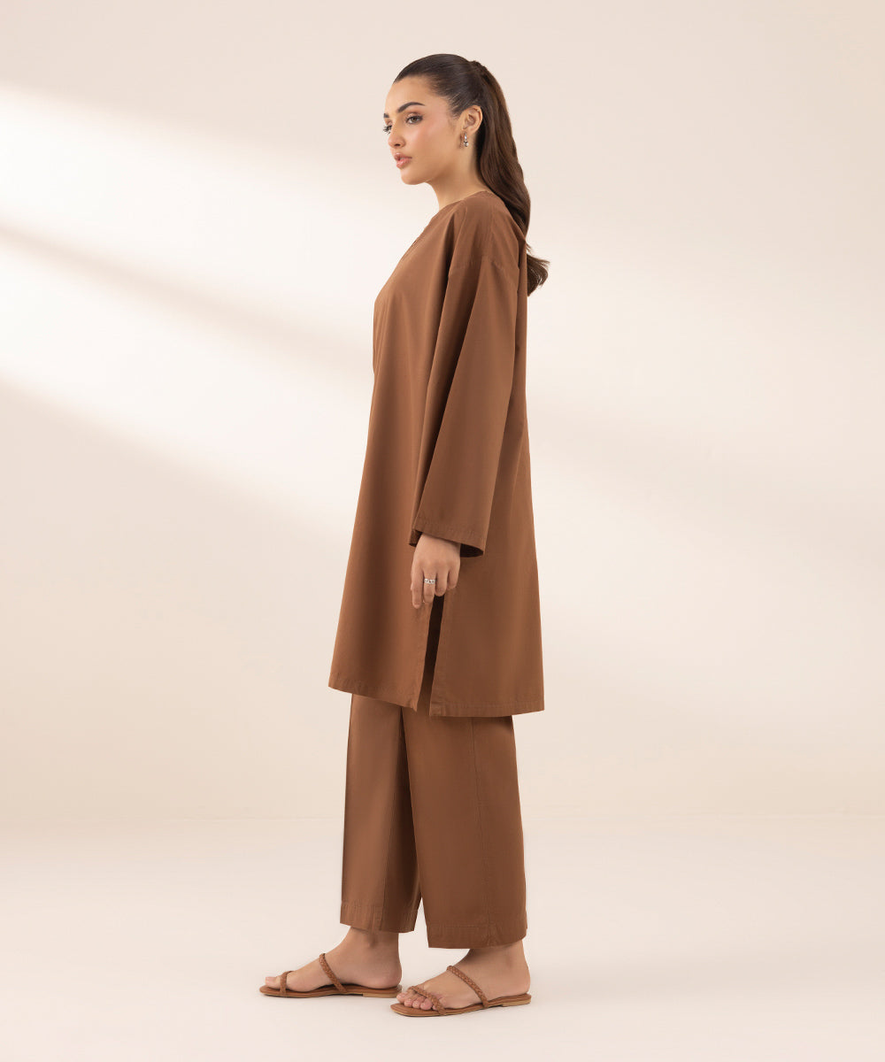 Women's RTW Textured Lawn Brown Solid Boxy Shirt