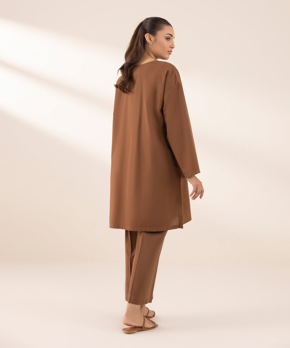 Women's RTW Textured Lawn Brown Solid Boxy Shirt