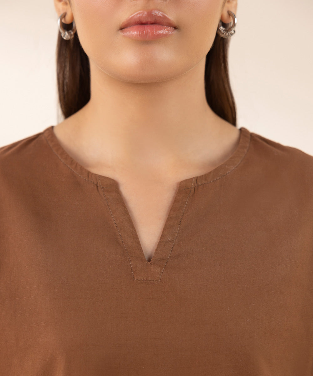 Women's RTW Textured Lawn Brown Solid Boxy Shirt