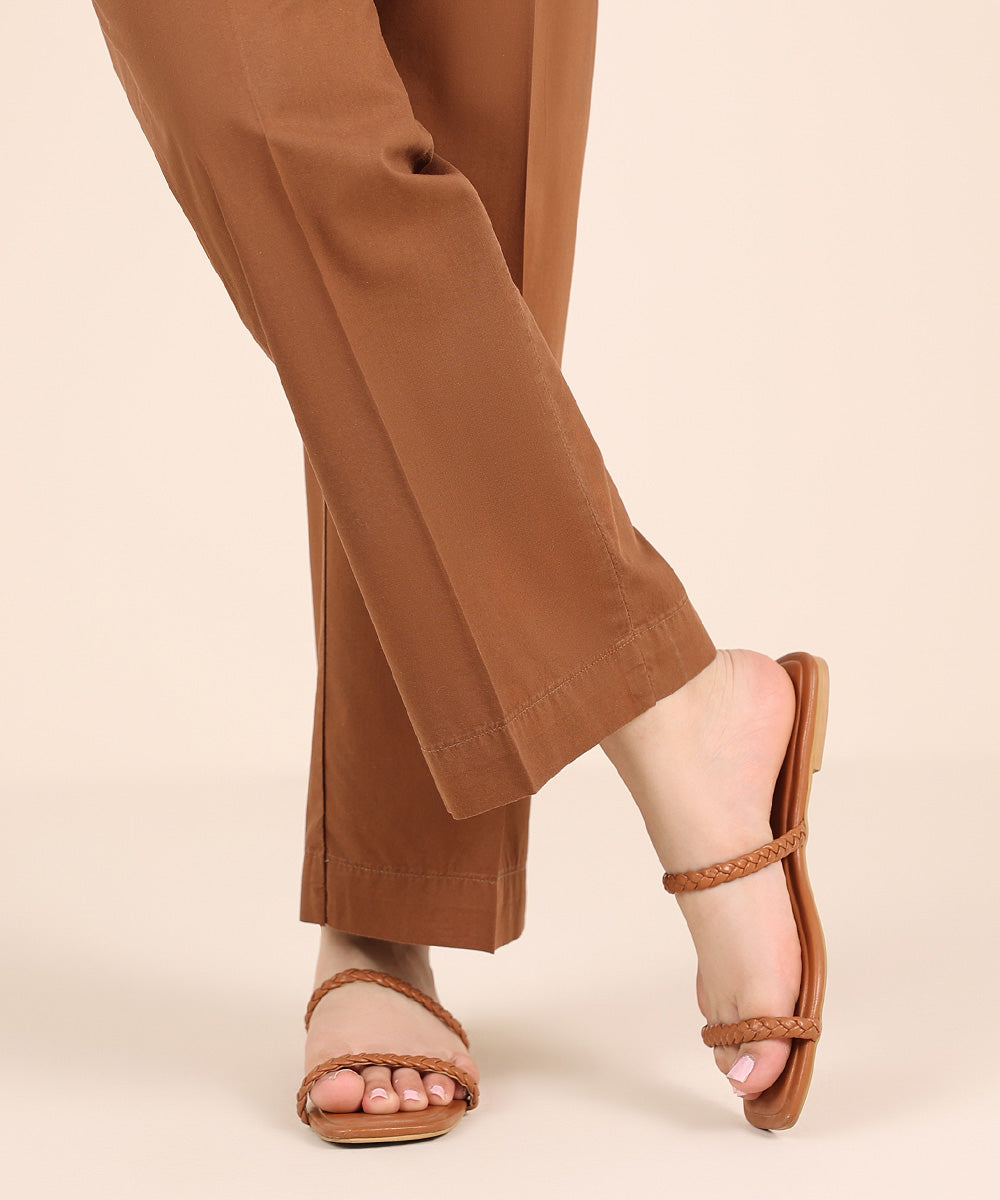 Women's RTW Cambric Brown Solid Straight Pants