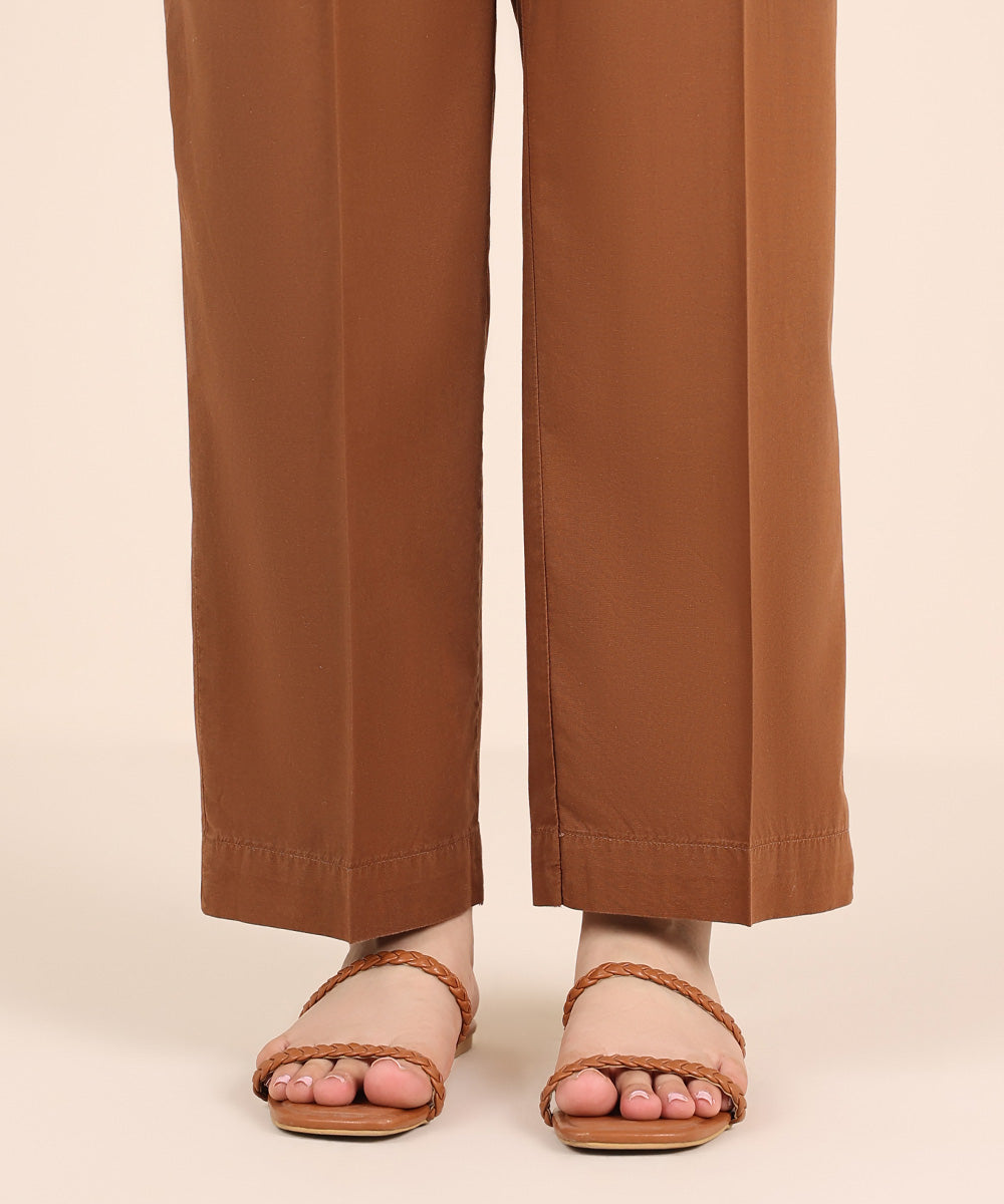Women's RTW Cambric Brown Solid Straight Pants