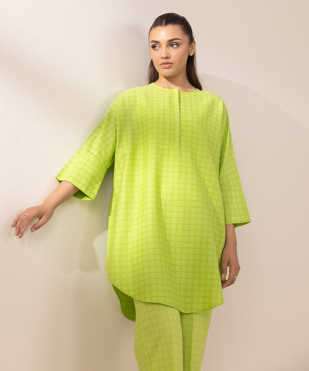 Women's RTW Dobby Green Solid Boxy Shirt