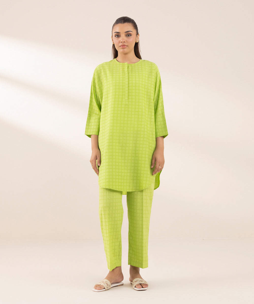 Women's RTW Dobby Green Solid Boxy Shirt
