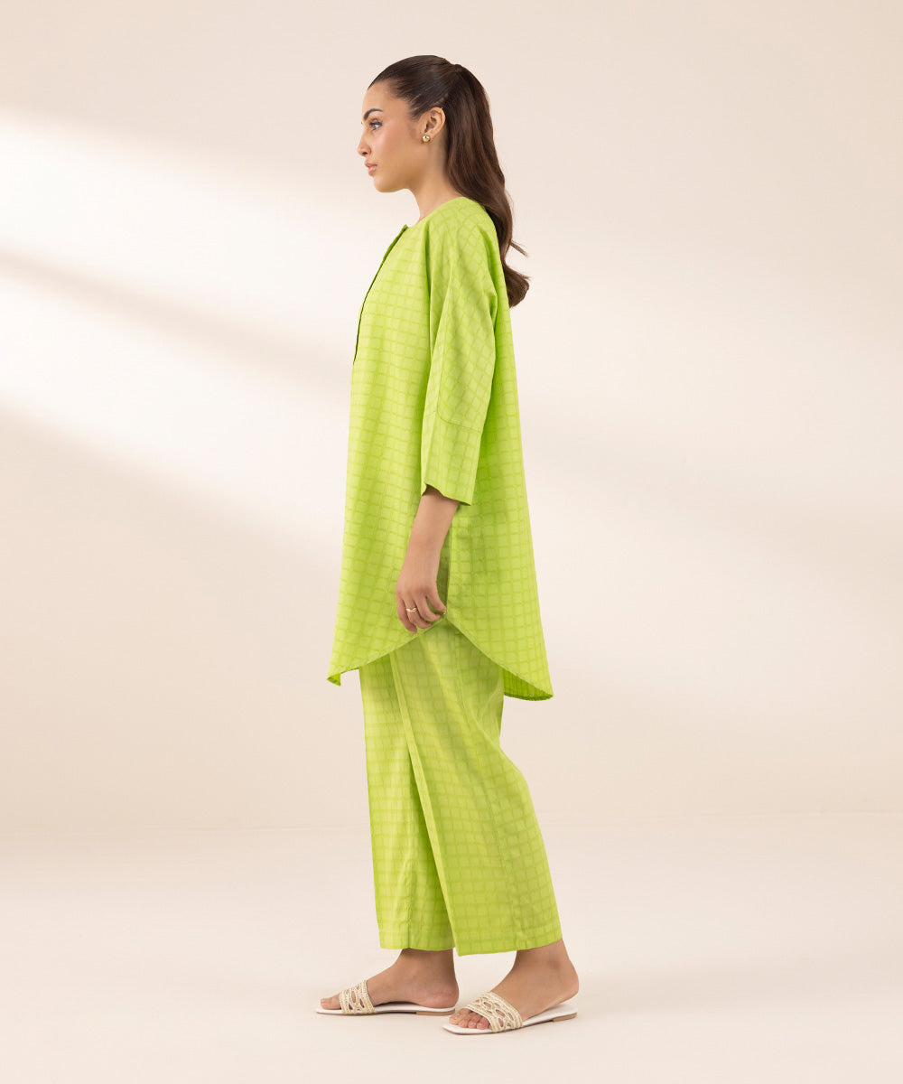Women's RTW Dobby Green Solid Boxy Shirt