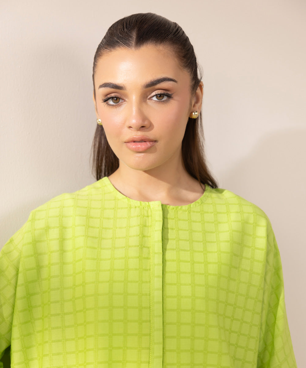 Women's RTW Dobby Green Solid Boxy Shirt