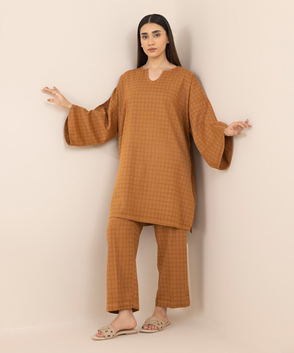 Women's RTW Dobby Brown Solid Boxy Shirt