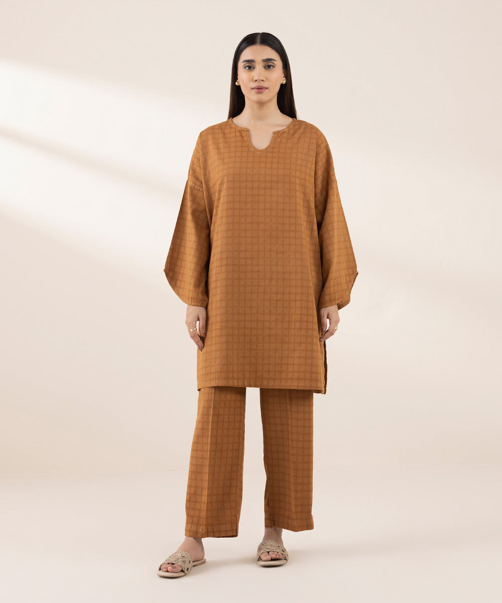 Women's RTW Dobby Brown Solid Boxy Shirt